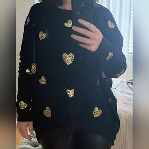 Gold Heart Patterned Black Sweater